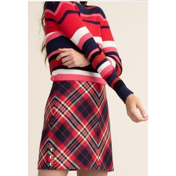 Trina Turk Plaid Mini 90s Style Academia Gold Button Red Blue Skirt Size 6 - Picture 1 of 12